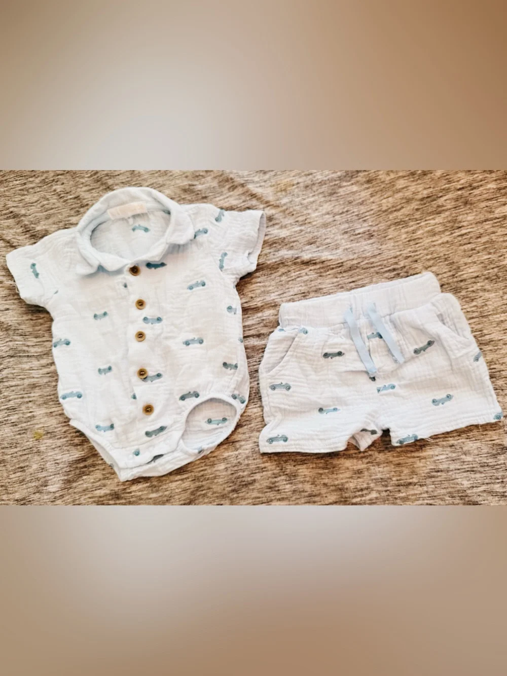 Rachel Zoe Light Blue Car embroidered Baby Romper & Shorts Set